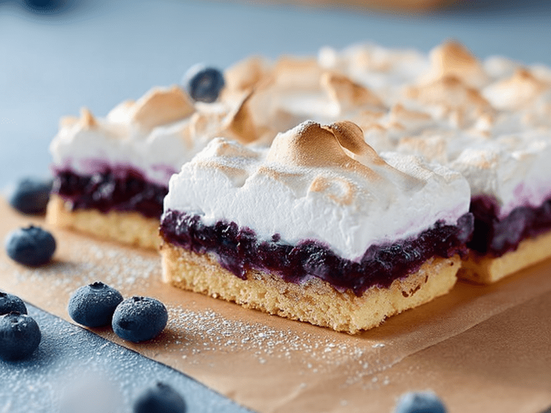 Mehrere Stücke Heidelbeer-Baiser-Kuchen vom Blech liegen auf einem Stück Backpapier. Außen herum liegen ein paar Heidelbeeren als Dekoration.