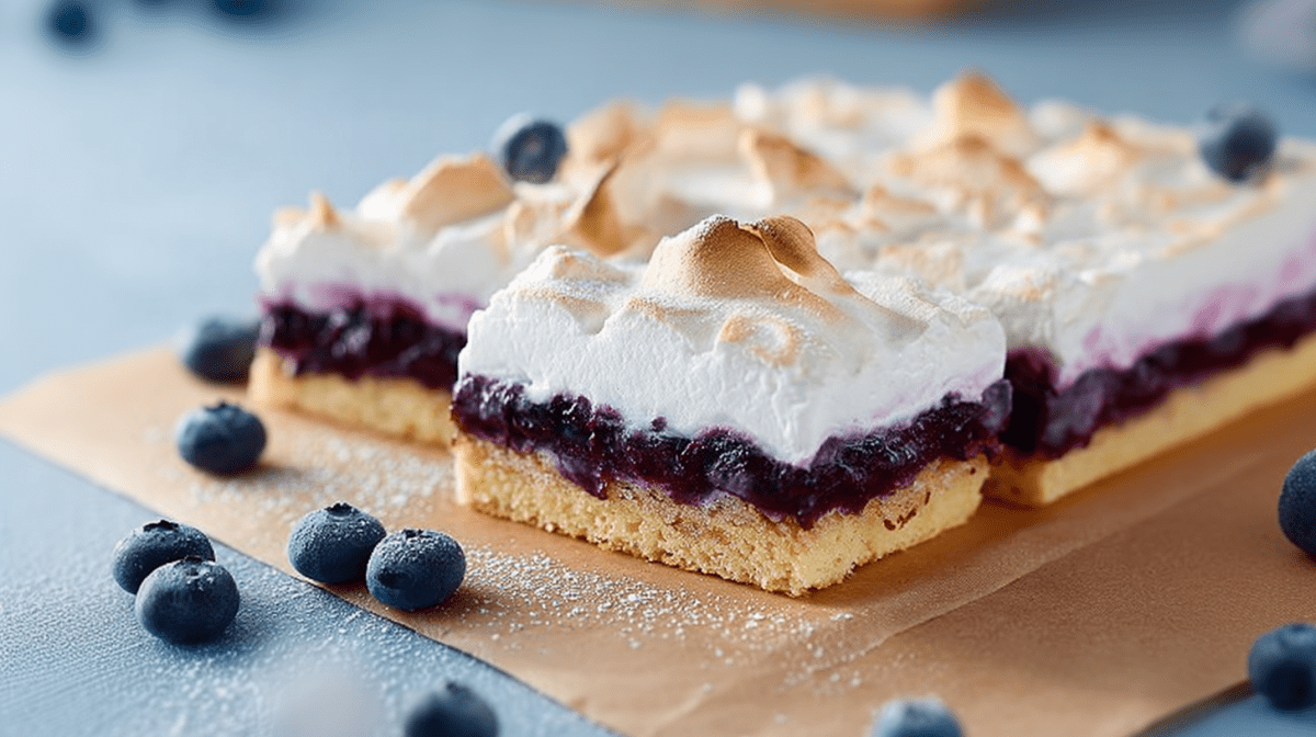 Mehrere Stücke Heidelbeer-Baiser-Kuchen vom Blech liegen auf einem Stück Backpapier. Außen herum liegen ein paar Heidelbeeren als Dekoration.