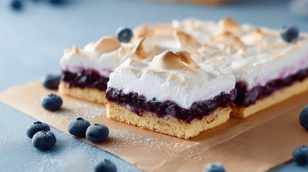 Mehrere Stücke Heidelbeer-Baiser-Kuchen vom Blech liegen auf einem Stück Backpapier. Außen herum liegen ein paar Heidelbeeren als Dekoration.