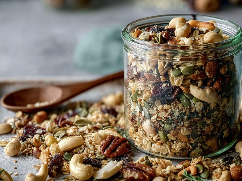 Ein Glas mit herzhaftem Kräuter-Granola. Um das Glas liegt Granoola verstreut. Außerdem sind frischer Rosmarin sowie ein Holzlöffel zu sehen.