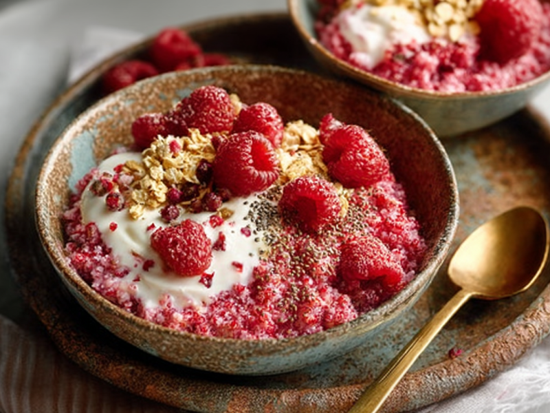 Zwei Schüsseln mit Himbeer-Couscous, eine ist aber nur halb zu sehen. Garniert mit Joghurt, Müsli und frischen Himbeeren.