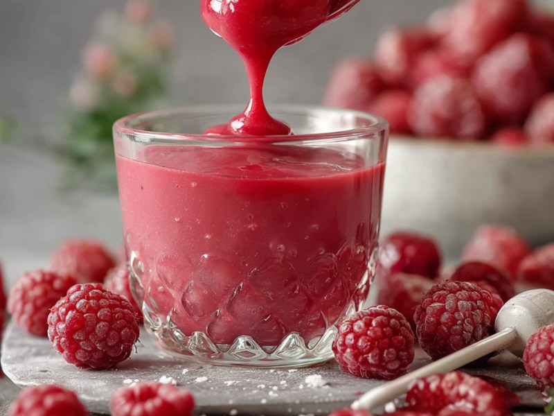 Ein Glas Himbeer-Curd. Daneben und im Hintergrund liegen Himbeeren.