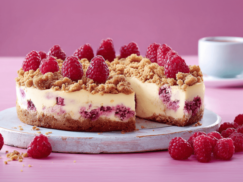 Ein angeschnittener Himbeer-Quark-Kuchen steht auf einer Platte. Davor liegen ein paar Himbeeren. Im Hintergrund eine Kaffeetasse.
