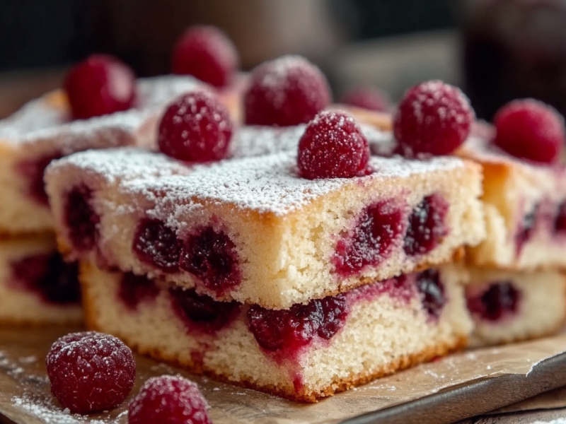 Einige Stücke Himbeer-Schmandkuchen vom Blech, mit Puderzucker bestäubt.