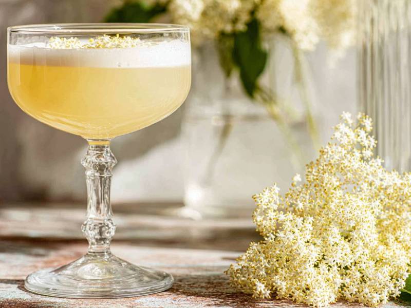 Glas Holunder Gin Sour, Holunderblüte daneben