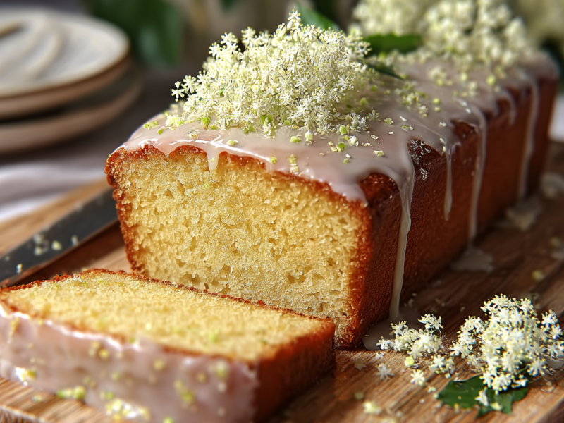 Ein angeschnittener Holunderblütenkuchen aus der Kastenform.