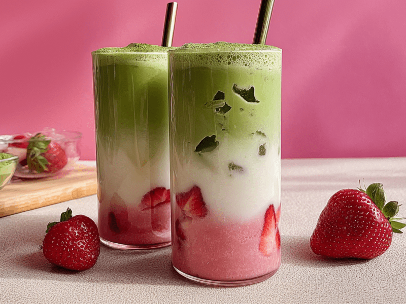 Zwei Gläser mit Iced-Erdbeer-Kokos-Matcha-Latte mit Strohhalmen. Erdbeeren und Schälchen mit Matcha-Pulver und Erdbeeren als Deko im Hintergrund.