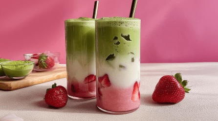 Zwei Gläser mit Iced-Erdbeer-Kokos-Matcha-Latte mit Strohhalmen. Erdbeeren und Schälchen mit Matcha-Pulver und Erdbeeren als Deko im Hintergrund.