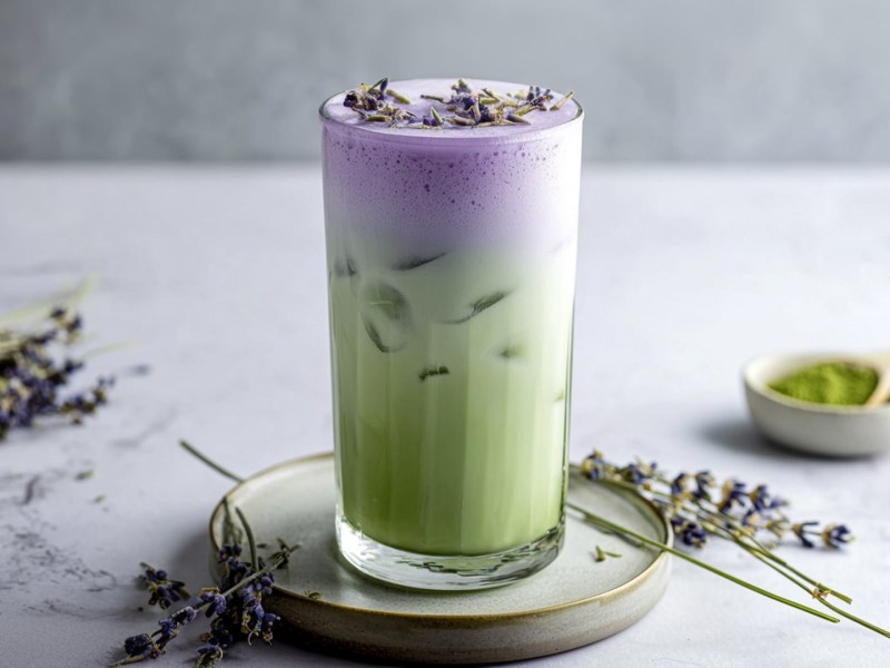 Ein Glas mit Iced-Lavendel-Matcha-Latte, das auf einem Keramikuntersetzer steht. Ringsum liegen einige Zweige Lavendel herum. Außerdem steht eine kleine Schale mit Matcha-Pulver im Hintergrund.