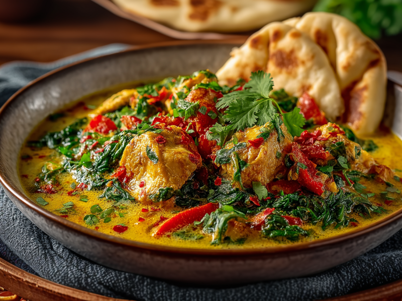 Ingwer Hühnchen auf einem Küchentuch auf einem Holzteller. Im Hintergrund sieht man einen Behälter mit Öl, etwas Fladenbrot sowie frischen Koriander.