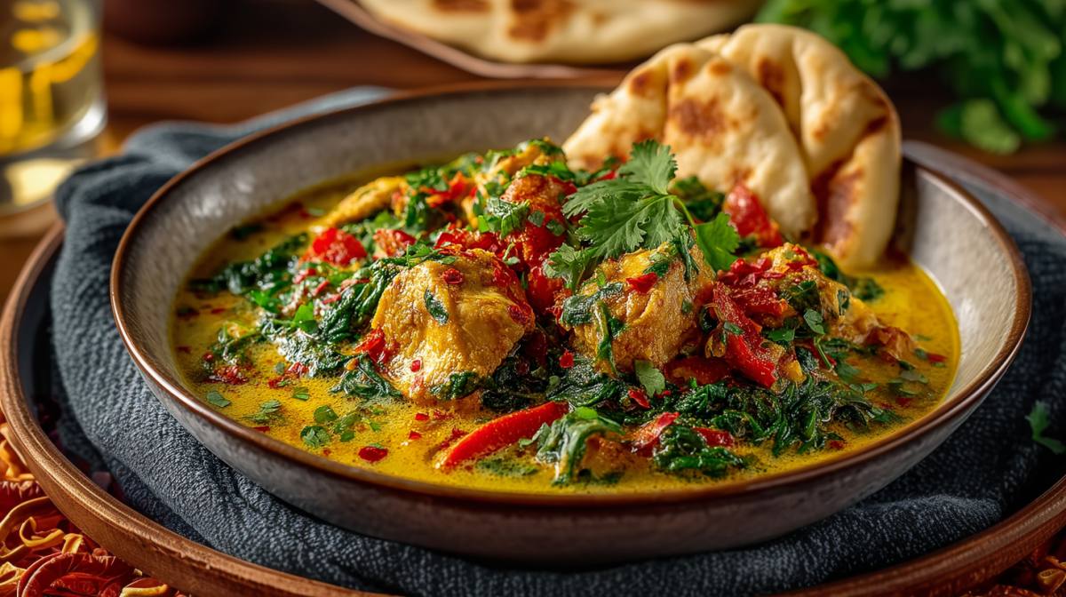 Ingwer Hühnchen auf einem Küchentuch auf einem Holzteller. Im Hintergrund sieht man einen Behälter mit Öl, etwas Fladenbrot sowie frischen Koriander.