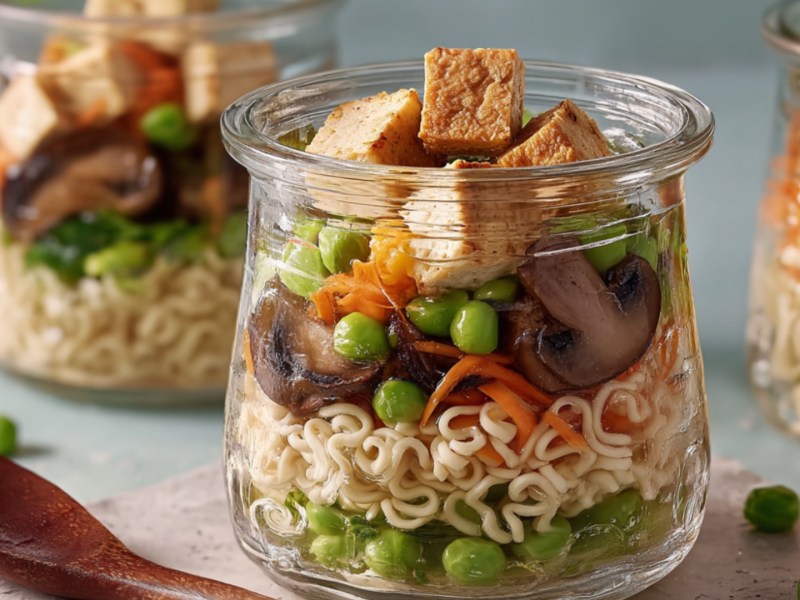 Drei Instant-Nudelsuppen im Glas.