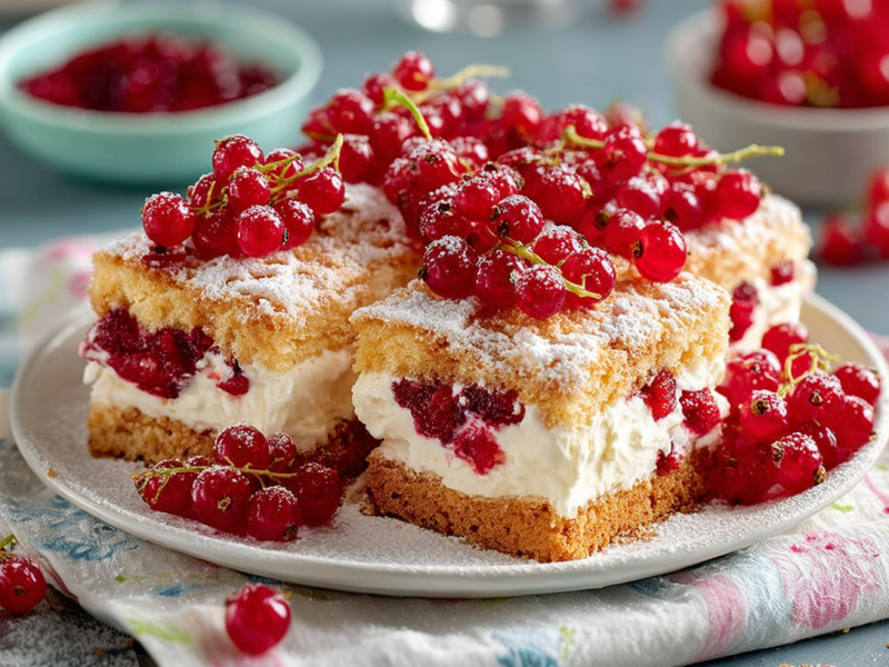 Ein Teller mit vier Johannisbeer-Schnitten. Der Teller steht auf einer Serviette, als Deko liegen Johannisbeeren um den Teller.