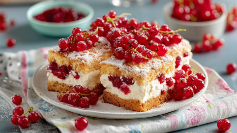 Ein Teller mit vier Johannisbeer-Schnitten. Der Teller steht auf einer Serviette, als Deko liegen Johannisbeeren um den Teller.