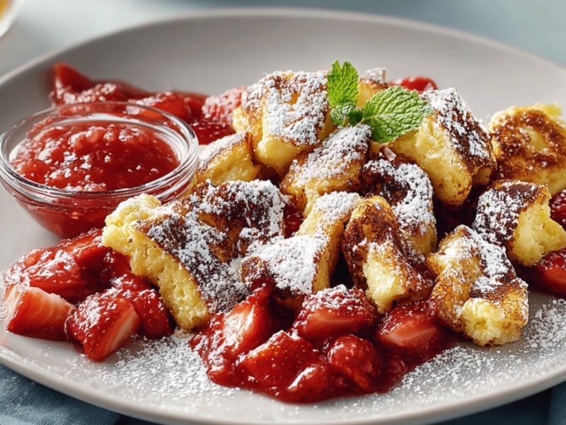 Kaiserschmarrn mit Erdbeerkompott auf einem Teller.