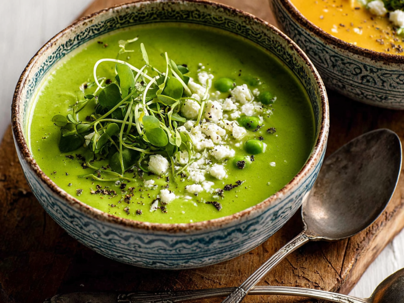 Eine Schüssel kalte Erbsensuppe mit Feta.