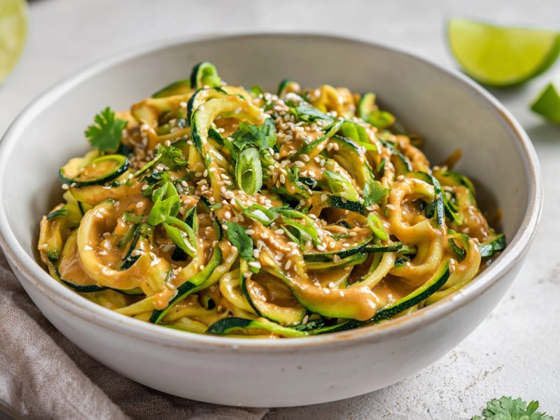Eine große Schüssel voll kalter Zucchini-Nudeln mit Erdnuss-Sesam-Soße, die mit Sesam sowie Frühlingszwiebeln garniert sind. Um die Schüssel herum liegen Limettenschnitze sowie etwas frischer Koriander. Auch ein Küchenhandtuch ist zu sehen.