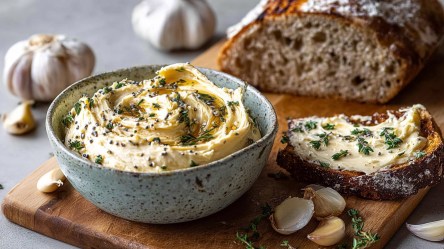 Eine Schale mit karamellisierter Knoblauchbutter, die auf einem Holzbrett mit einem angeschnittenen Sauerteigbrot liegt. Neben der Schale liegt eine Scheibe Brot bestrichen mit der Butter. Ringsum liegen einzelne Zehen Knoblauch genauso wie ganz Knollen.