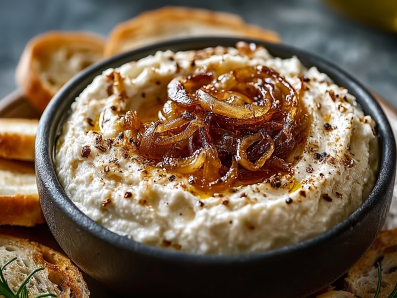 Schale mit karamellisiertem Zwiebel-Dip, Brotscheiben daneben
