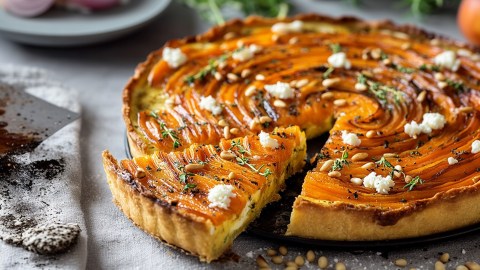 Eine Karotten-Ricotta-Tarte, die mit etwas Feta garniert ist. Die Tarte ist angeschnitten. Im Hintergrund kann man einen Teller mit roten Zwiebeln erahnen. Daneben scheinen frische Kräuter herum zu liegen. Vor der Tarte liegen Pinienkerne verstreut.
