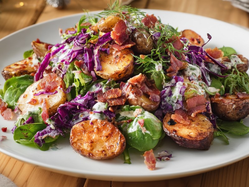 Ein Teller Kartoffelsalat mit Feldsalat, Rotkohl und Honigspeck.