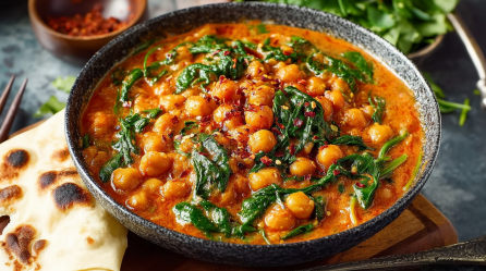 Kichererbsen-Tomaten-Curry in einer Schale, serviert mit Spinat.