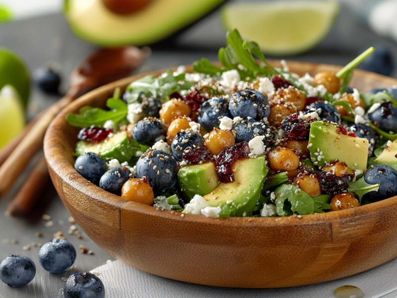 Eine große Salatschüssel aus Holz, die mit Kichererbsensalat mit Blaubeeren gefüllt ist. Ringsum liegen frische Zutaten wie Avocado, Limetten und Blaubeeren herum, genauso wie Holzbesteck.
