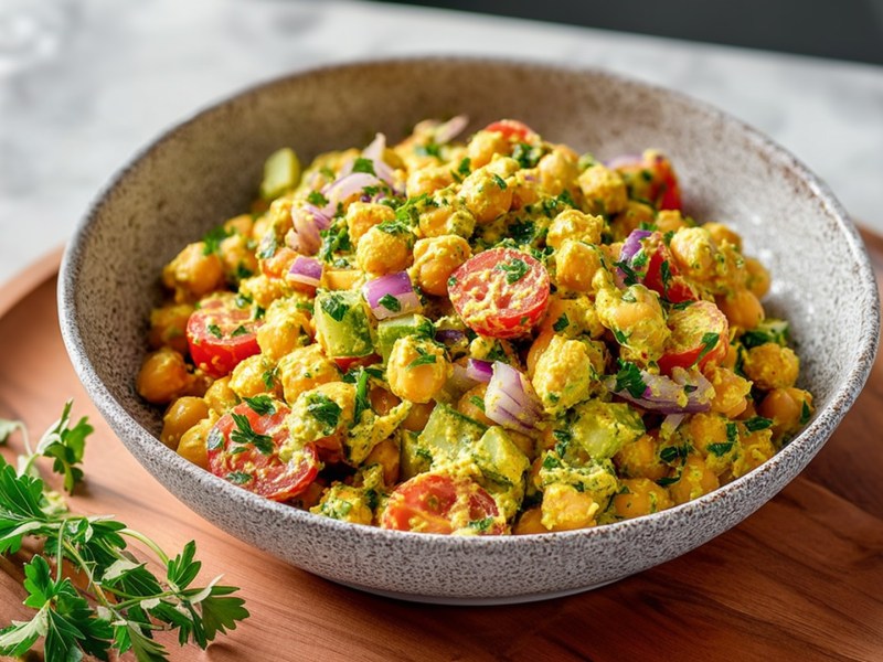 Eine Schüssel Kichererbsensalat mit Curry-Dressing, die auch einem Holzteller steht.