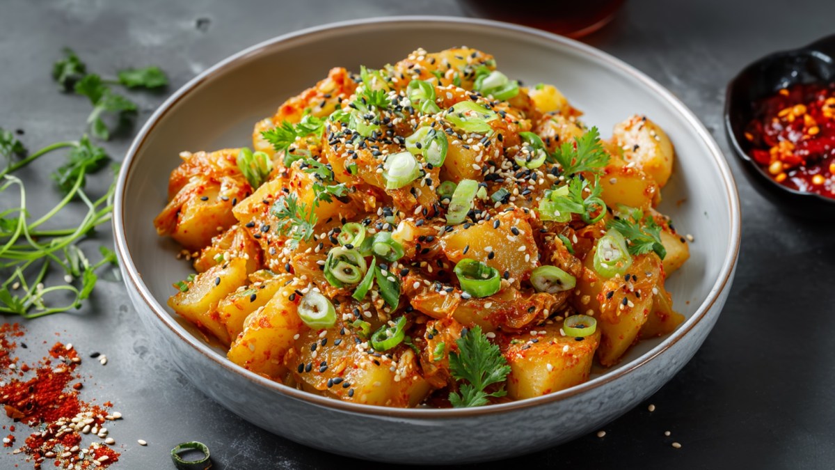 Ein Teller mit Kimchi-Kartoffelsalat. Ringsum kann man frischen Koriander, Chili-Gewürz und eine Schale mit Chiliflocken rumliegen bzw. rumstehen sehen.