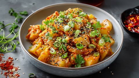 Ein Teller mit Kimchi-Kartoffelsalat. Ringsum kann man frischen Koriander, Chili-Gewürz und eine Schale mit Chiliflocken rumliegen bzw. rumstehen sehen.