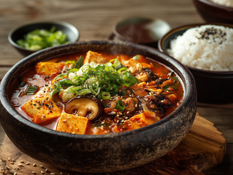 Eine Kimchi-Suppe in einer schwarzen Schale auf einem Holzuntersetzer auf einem Holztisch. Um die Schale stehen verschiedene Zutaten. Links liegen einige Pilze in einer Schale, daneben grüne Frühlingszwiebelringe, daneben ein paar Gewürze und ganz rechts eine Schale Reis.