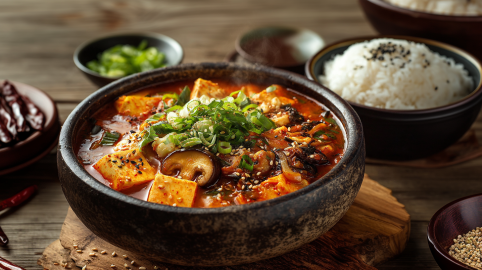 Eine Kimchi-Suppe in einer schwarzen Schale auf einem Holzuntersetzer auf einem Holztisch. Um die Schale stehen verschiedene Zutaten. Links liegen einige Pilze in einer Schale, daneben grüne Frühlingszwiebelringe, daneben ein paar Gewürze und ganz rechts eine Schale Reis.