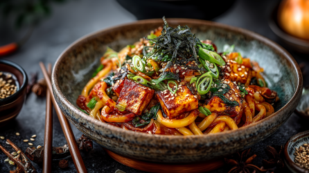 Eine Schale Kimchi-Udon-Fry auf dunklem Untergrund. Links neben der Schale liegen zwei Essstäbchen und eine Schale mit Sojasoße.