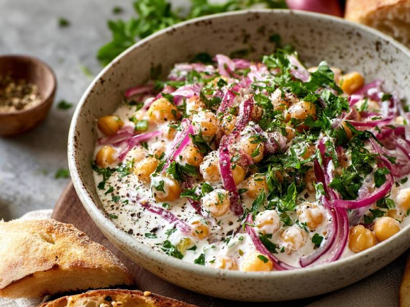 Schale mit Kichererbsensalat mit Joghurt-Dressing