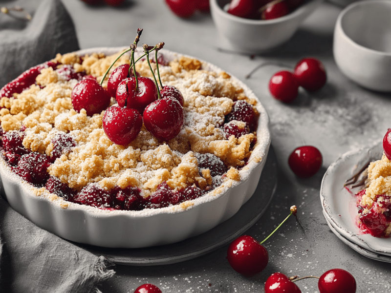 Eine Auflaufform mit Kirsch-Crumble. Dekoriert mit frischen Kirschen. Daneben steht ein Teller mit einem Stück Crumble.
