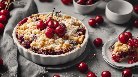 Eine Auflaufform mit Kirsch-Crumble. Dekoriert mit frischen Kirschen. Daneben steht ein Teller mit einem Stück Crumble.