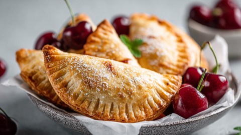 Eine Schale, die mit weißem Backpapier ausgelegt ist und der frisch gebackene Kirsch-Empanadas aus Airfryer liegen. Sie sind mit einigen frischen Kirschen angerichtet.