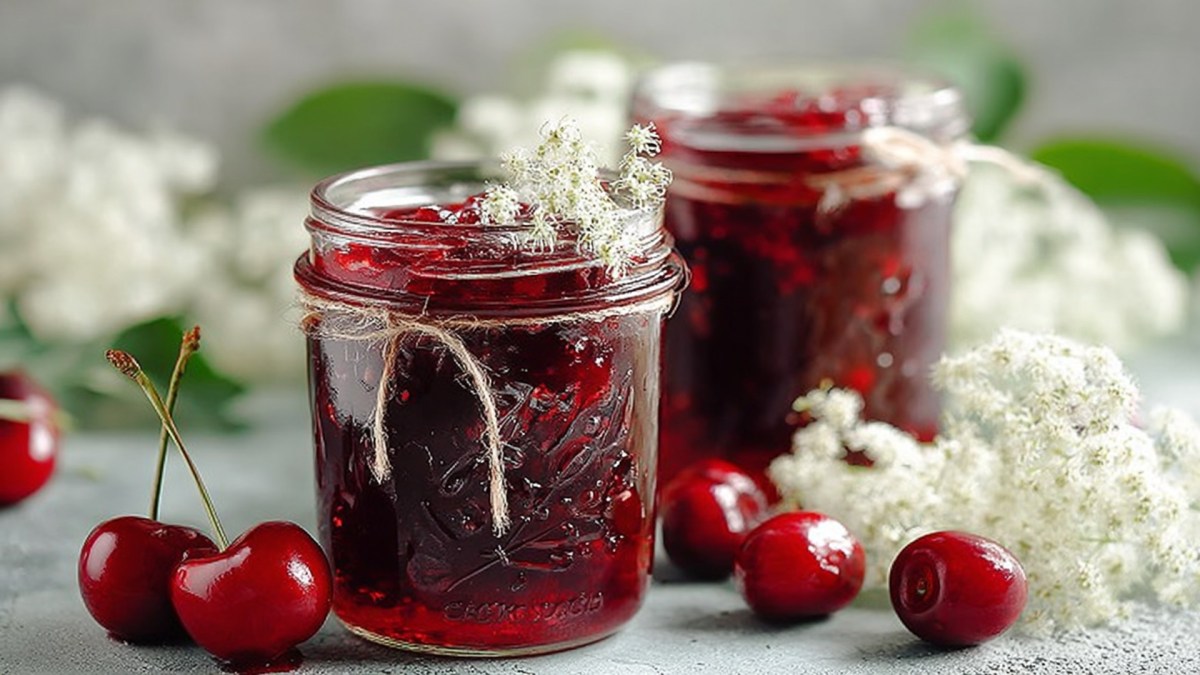 Zwei Einmachgläser mit Kirsch-Holunderblüten-Marmelade. Ringsum liegen einzelne frische Kirschen und mehrere Holunderblüten herum.