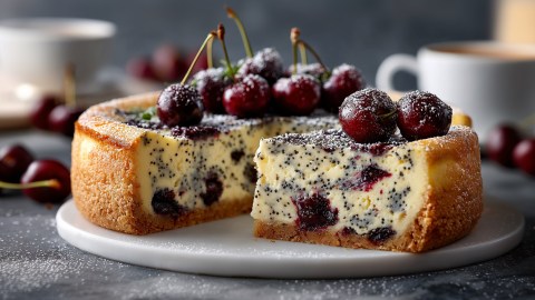 Ein Teller mit einem Kirsch-Mohn-Käsekuchen, der mit einigen frischen Kirschen und etwas Puderzucker dekoriert bzw. garniert ist. Im Hintergrund liegen ebenfalls frische Kirschen herum. Außerdem kann man Kaffeetassen erkennen.