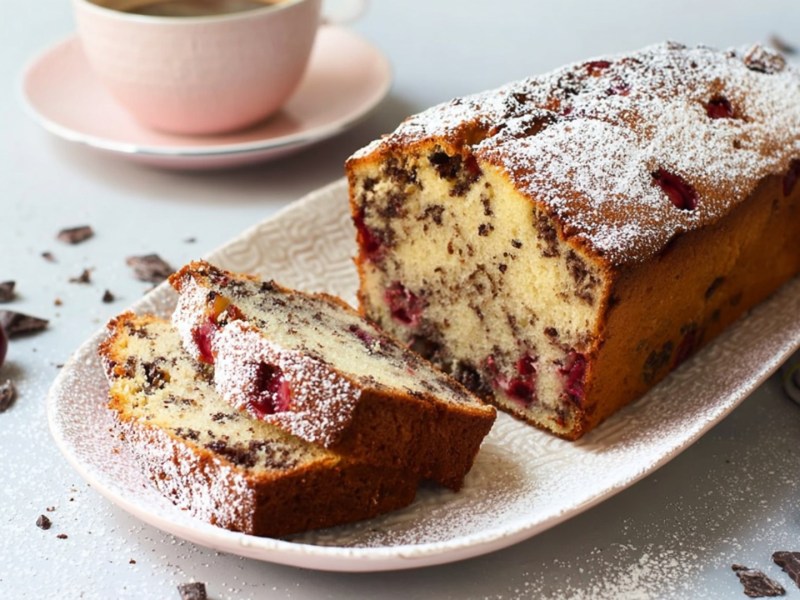 Ein länglicher Servierteller mit einem Kirsch-Stracciatella-Kuchen in Kastenform, der angeschnitten ist. Auf dem Teller liegen zwei Stücke Kuchen. Ringsum liegen Schokosplitter und -stücke herum genauso wie frische Kirschen. Außerdem kann man im Hintergrund eine Kaffeetasse auf einer Untertasse erkennen.