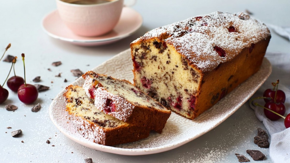 Ein länglicher Servierteller mit einem Kirsch-Stracciatella-Kuchen in Kastenform, der angeschnitten ist. Auf dem Teller liegen zwei Stücke Kuchen. Ringsum liegen Schokosplitter und -stücke herum genauso wie frische Kirschen. Außerdem kann man im Hintergrund eine Kaffeetasse auf einer Untertasse erkennen.