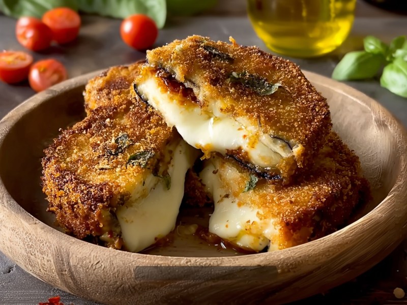 Eine Holzschüssel mit einigen knusprigen Auberginen-Päckchen. Ringsum sind Cherrytomaten, frisches Basilikum sowie ein Glasgefäß mit Olivenöl zu erkennen.