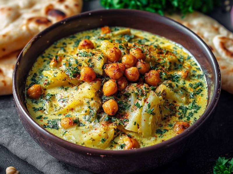 Schale mit Kohlrabi-Curry und Naan-Brot.