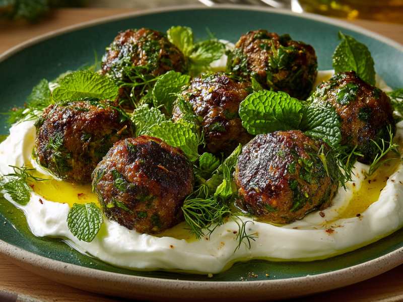 Kräuter-Hackbällchen auf einem Joghurt-Tahini-Dip.