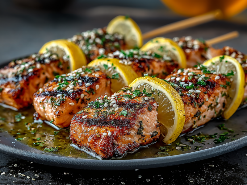 Drei Lachsspieße vom Kontaktgrill liegen auf einem grauen Teller. Sie sind mit Gewürzen und Öl serviert. Die Lachsspieße sind mit Zitronen zubereitet.