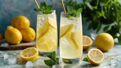Zwei Gläser mit Lillet Lemon, daneben einige aufgeschnittene Zitronen als Deko und Eiswürfel. Im Hintergrund sind Zitronen zu sehen.