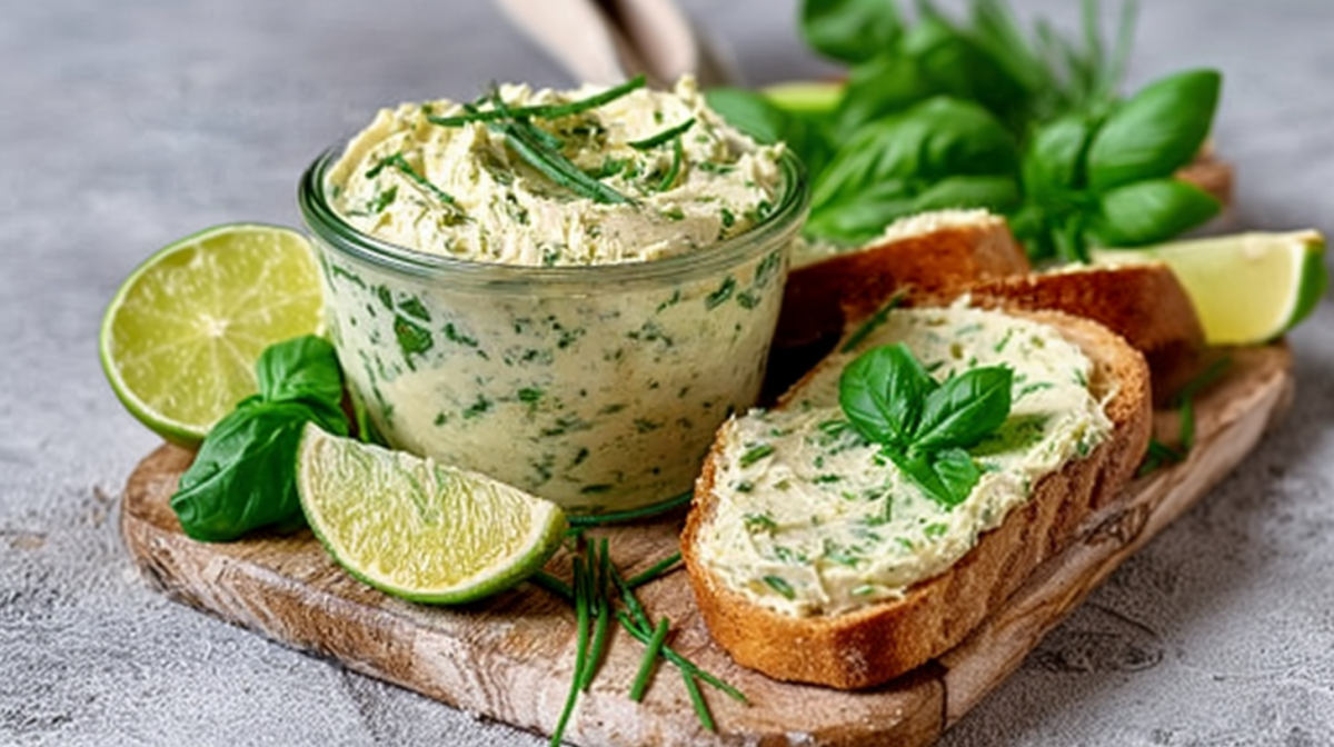 Limetten-Basilikum-Butter, angerichtet in einem kleinen Gläschen. Daneben liegt eine Scheibe mit der Butter. Limetten und Basilikum als Deko daneben.