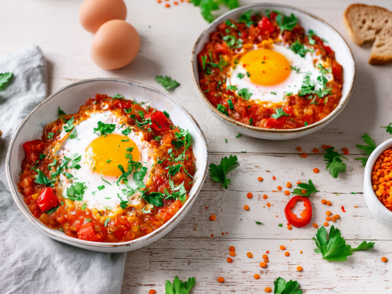 Zwei Schalen mit Linsen-Paprika-Schakshuka steben nebeneinander. LInsen, Kräuter und Eier liegen als Deko daneben.