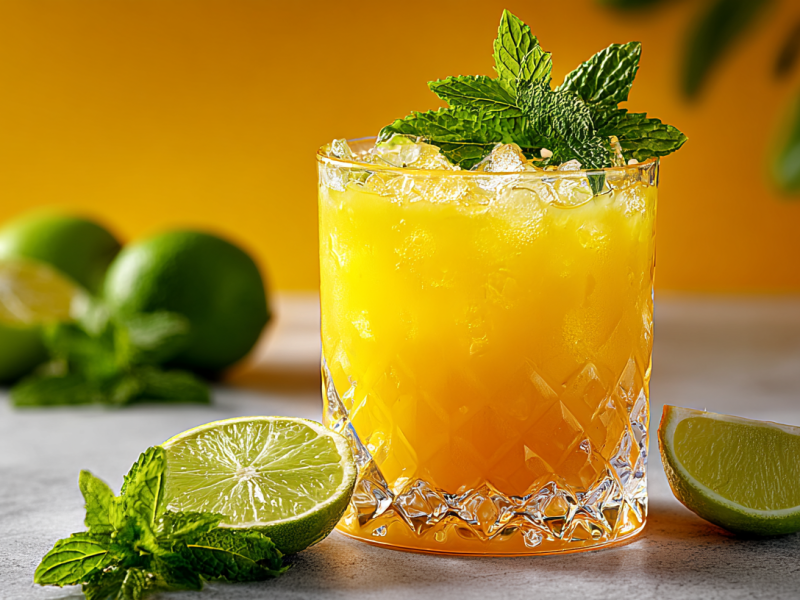 Ein Glas mit Mango Mule steht auf einem Tisch, garniert mit frischer Minze. Um das Glas liegen Limettenspalten und frische Minzblätter.