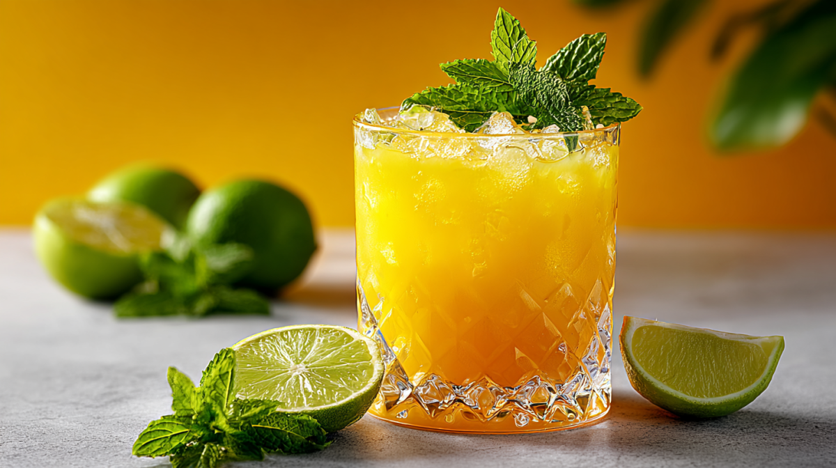 Ein Glas mit Mango Mule steht auf einem Tisch, garniert mit frischer Minze. Um das Glas liegen Limettenspalten und frische Minzblätter.